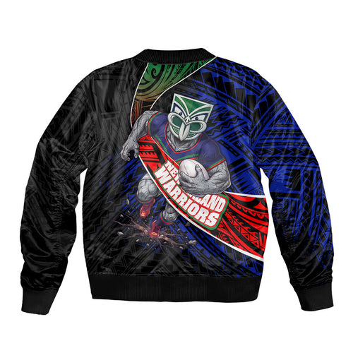 New Zealand Warriors Rugby Sleeve Zip Bomber Jacket Tribal Polynesian Power Art - Lightning Mascot