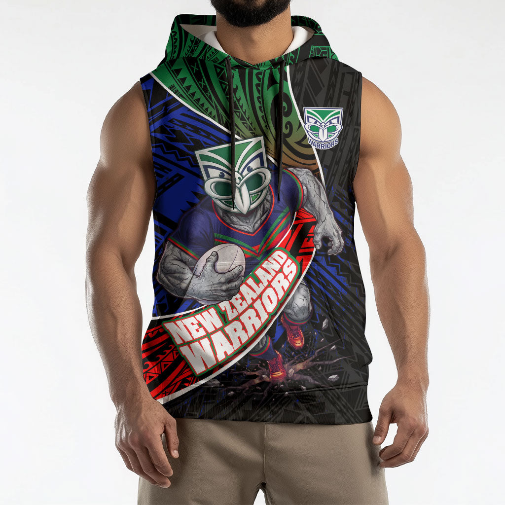 New Zealand Warriors Rugby Sleeveless Hoodie Tribal Polynesian Power Art - Lightning Mascot