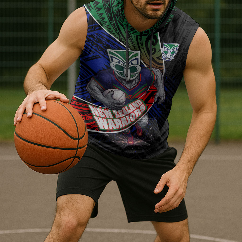 New Zealand Warriors Rugby Sleeveless Hoodie Tribal Polynesian Power Art - Lightning Mascot