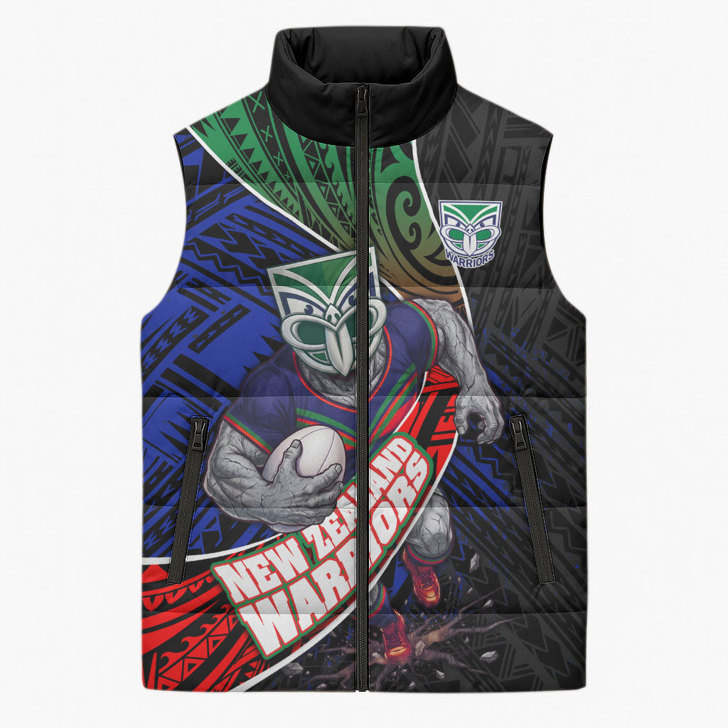 New Zealand Warriors Rugby Sleeveless Puffer Jacket Tribal Polynesian Power Art - Lightning Mascot