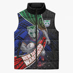 New Zealand Warriors Rugby Sleeveless Puffer Jacket Tribal Polynesian Power Art - Lightning Mascot