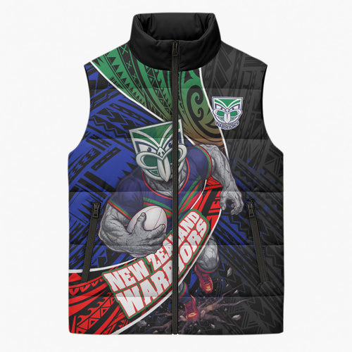 New Zealand Warriors Rugby Sleeveless Puffer Jacket Tribal Polynesian Power Art - Lightning Mascot