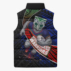 New Zealand Warriors Rugby Sleeveless Puffer Jacket Tribal Polynesian Power Art - Lightning Mascot