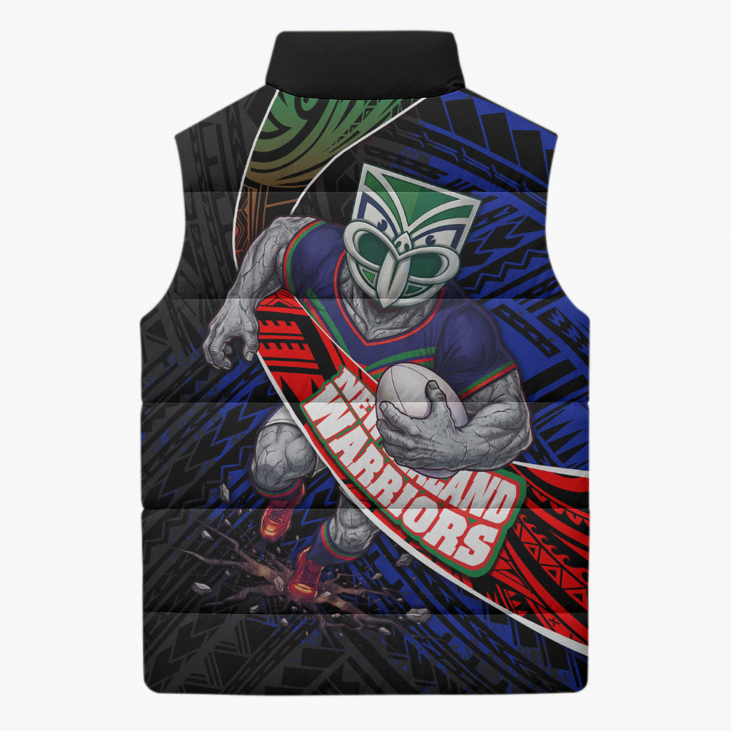 New Zealand Warriors Rugby Sleeveless Puffer Jacket Tribal Polynesian Power Art - Lightning Mascot
