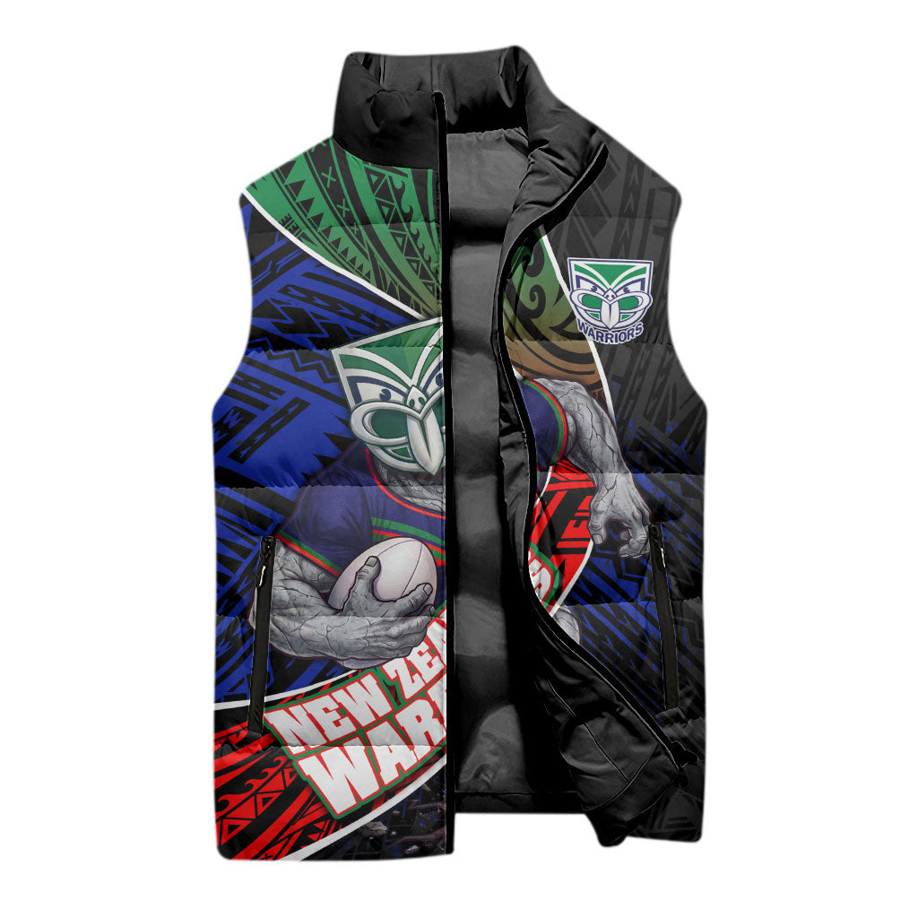 New Zealand Warriors Rugby Sleeveless Puffer Jacket Tribal Polynesian Power Art - Lightning Mascot