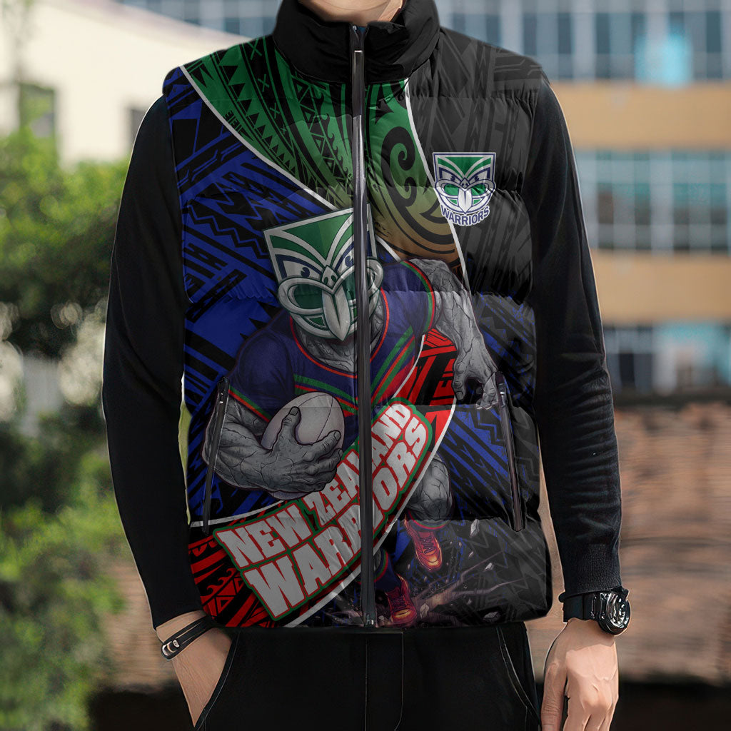 New Zealand Warriors Rugby Sleeveless Puffer Jacket Tribal Polynesian Power Art - Lightning Mascot