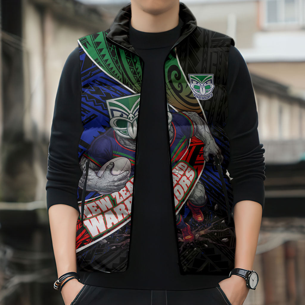 New Zealand Warriors Rugby Sleeveless Puffer Jacket Tribal Polynesian Power Art - Lightning Mascot