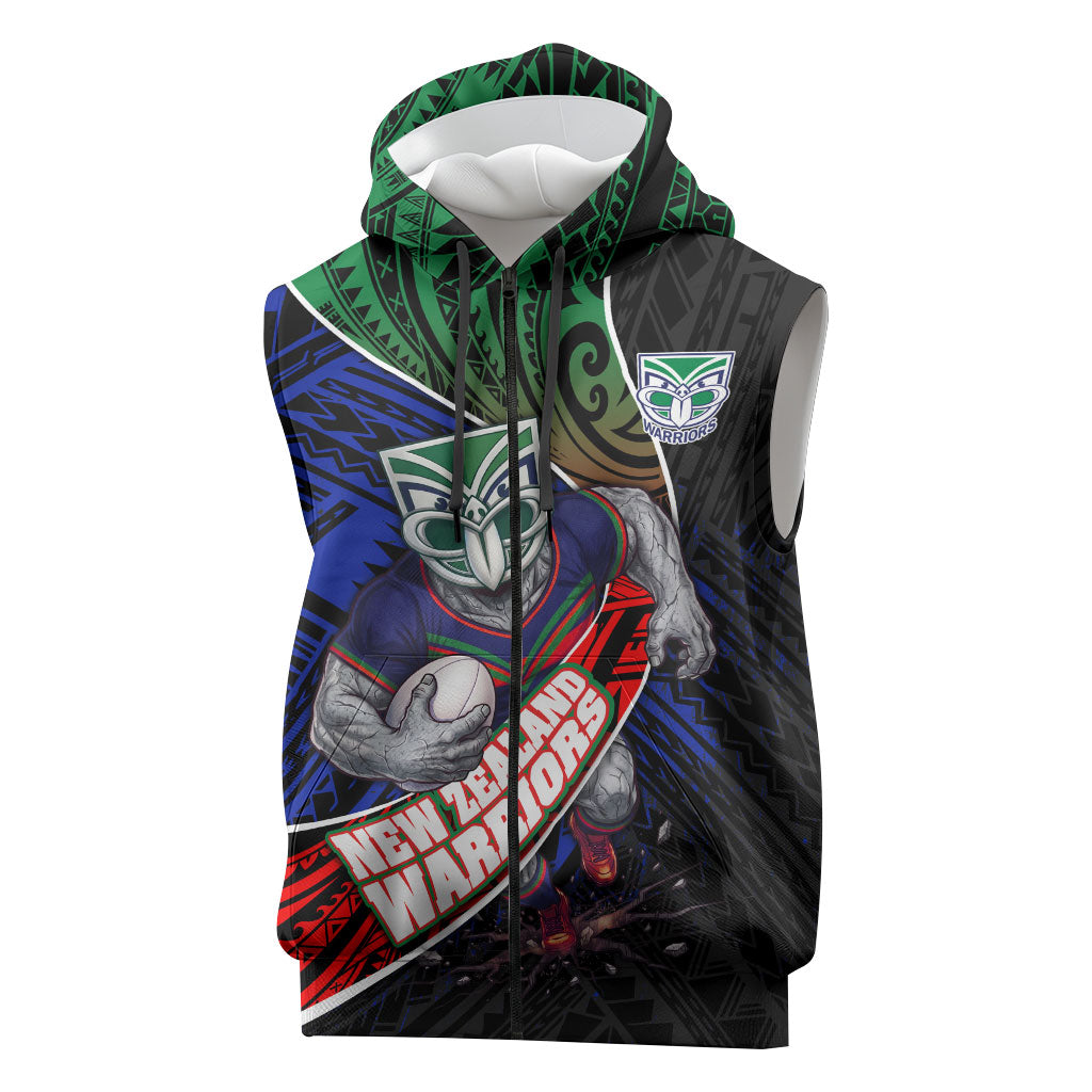 New Zealand Warriors Rugby Sleeveless Zip Hoodie Tribal Polynesian Power Art - Lightning Mascot