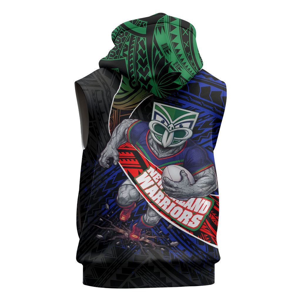 New Zealand Warriors Rugby Sleeveless Zip Hoodie Tribal Polynesian Power Art - Lightning Mascot