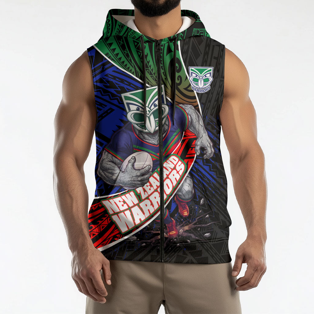 New Zealand Warriors Rugby Sleeveless Zip Hoodie Tribal Polynesian Power Art - Lightning Mascot