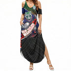 New Zealand Warriors Rugby Summer Maxi Dress Tribal Polynesian Power Art - Lightning Mascot