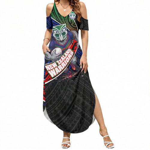 New Zealand Warriors Rugby Summer Maxi Dress Tribal Polynesian Power Art - Lightning Mascot
