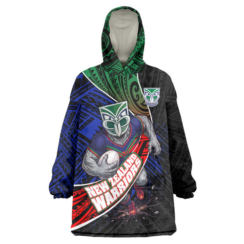 New Zealand Warriors Rugby Wearable Blanket Hoodie Tribal Polynesian Power Art - Lightning Mascot