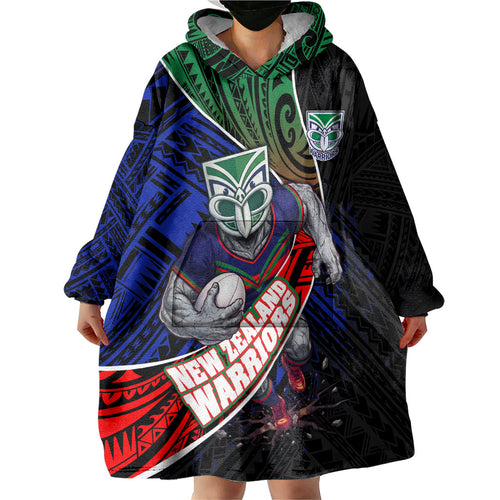 New Zealand Warriors Rugby Wearable Blanket Hoodie Tribal Polynesian Power Art - Lightning Mascot