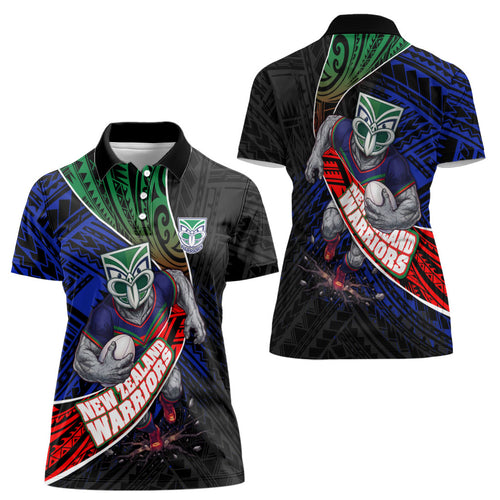 New Zealand Warriors Rugby Women Polo Shirt Tribal Polynesian Power Art - Lightning Mascot