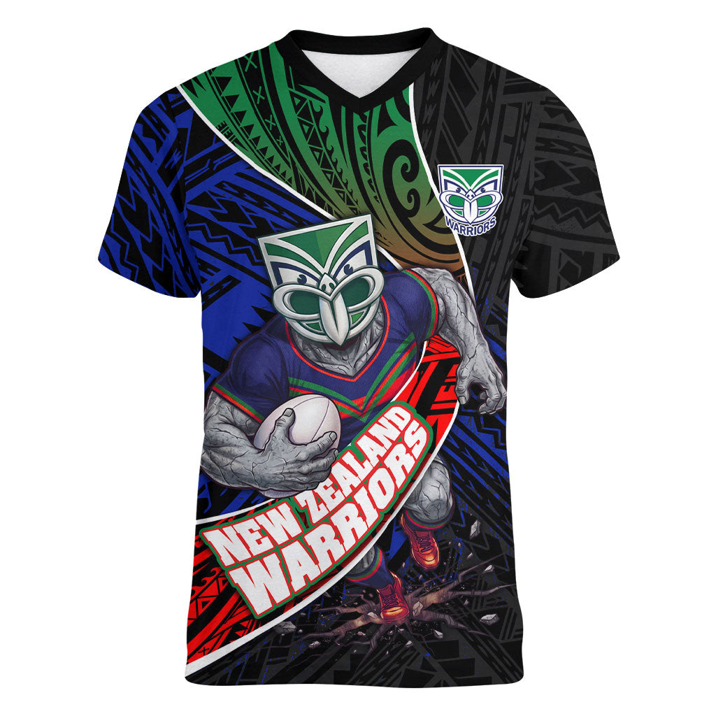 New Zealand Warriors Rugby Women V-Neck T-Shirt Tribal Polynesian Power Art - Lightning Mascot