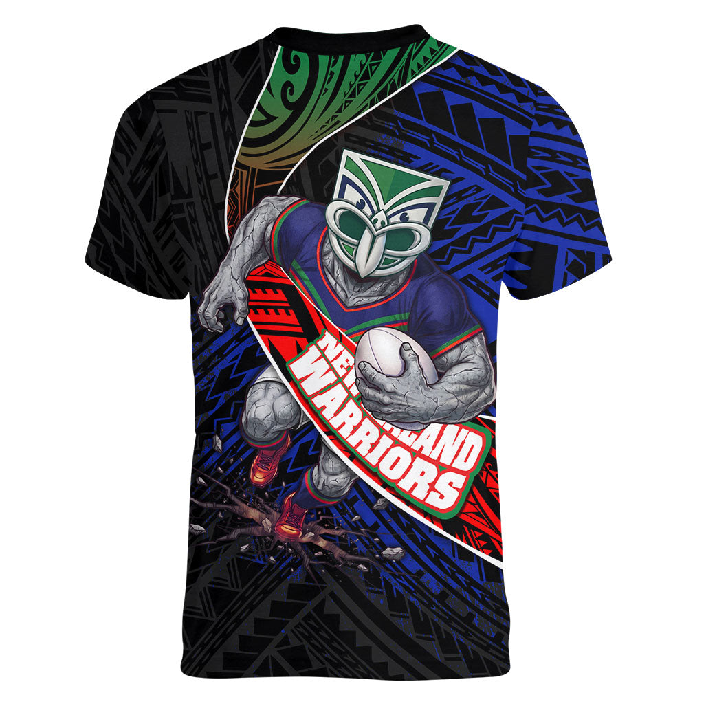 New Zealand Warriors Rugby Women V-Neck T-Shirt Tribal Polynesian Power Art - Lightning Mascot