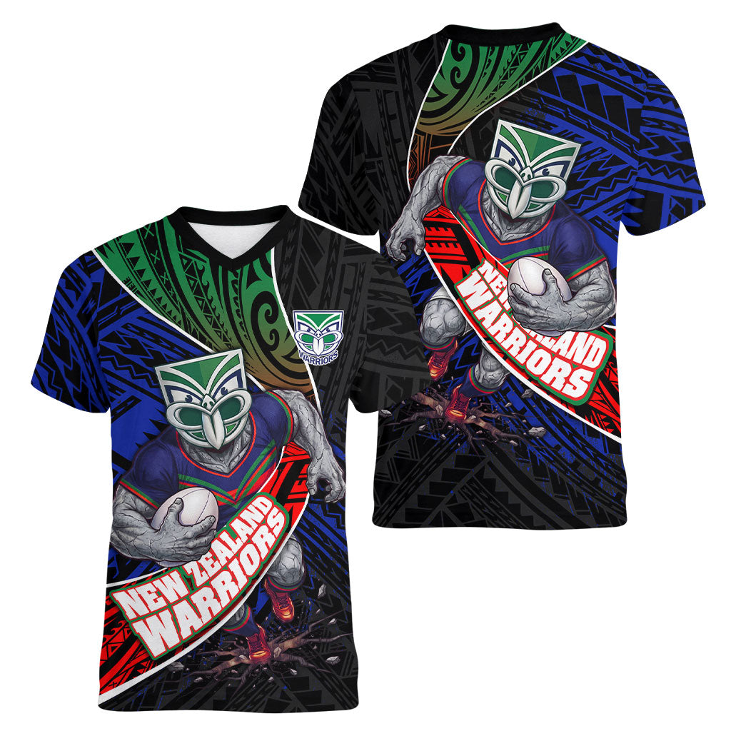 New Zealand Warriors Rugby Women V-Neck T-Shirt Tribal Polynesian Power Art - Lightning Mascot