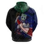 New Zealand Warriors Rugby Zip Hoodie Tribal Polynesian Power Art - Lightning Mascot