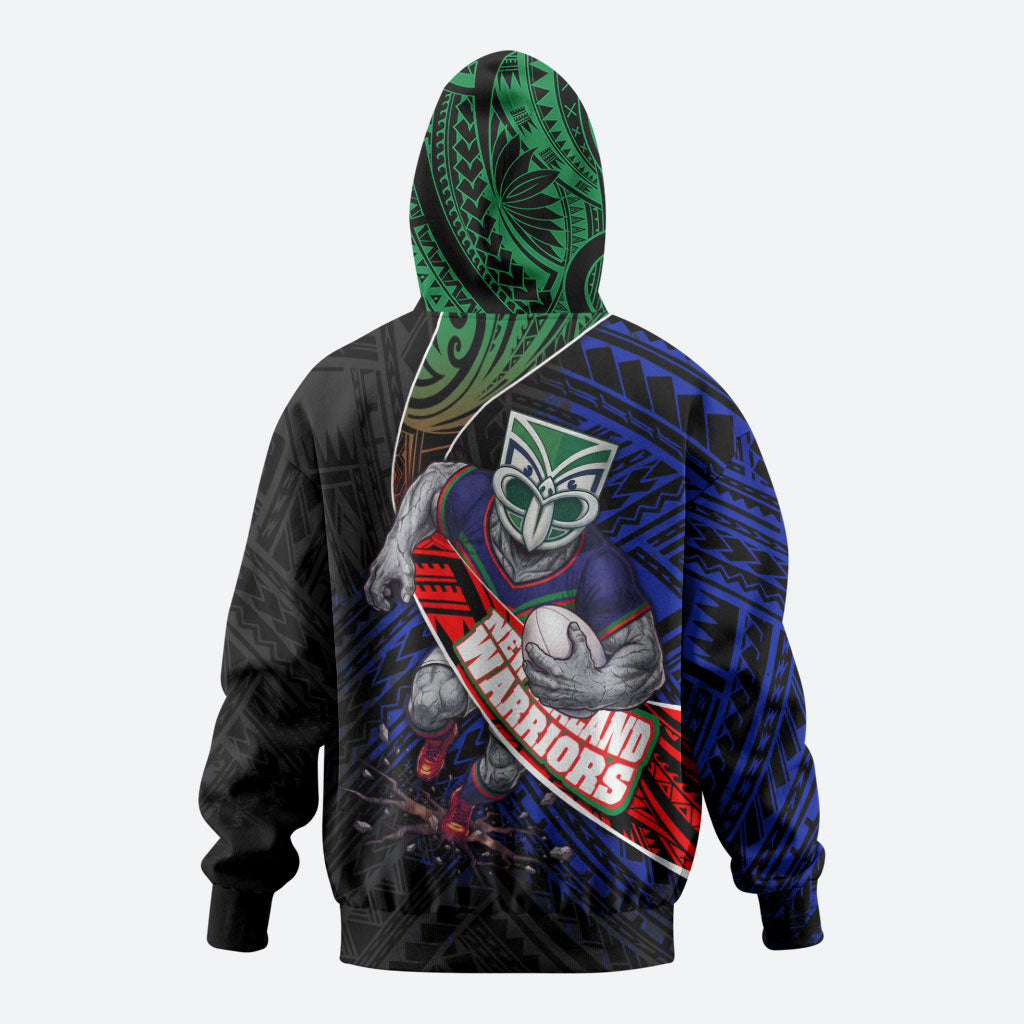 New Zealand Warriors Rugby Zip Hoodie Tribal Polynesian Power Art - Lightning Mascot