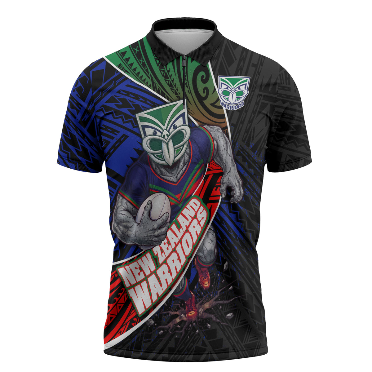 New Zealand Warriors Rugby Zipper Polo Shirt Tribal Polynesian Power Art - Lightning Mascot