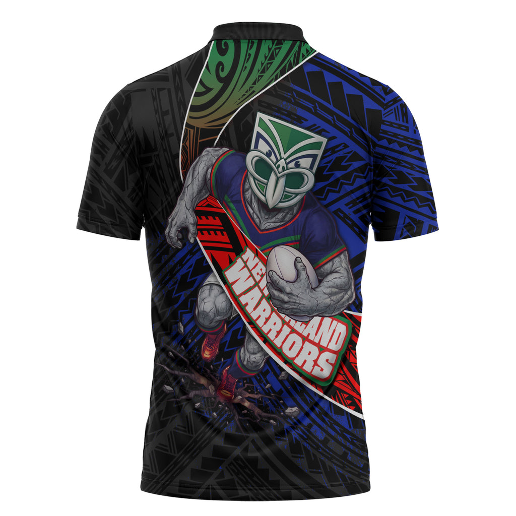New Zealand Warriors Rugby Zipper Polo Shirt Tribal Polynesian Power Art - Lightning Mascot