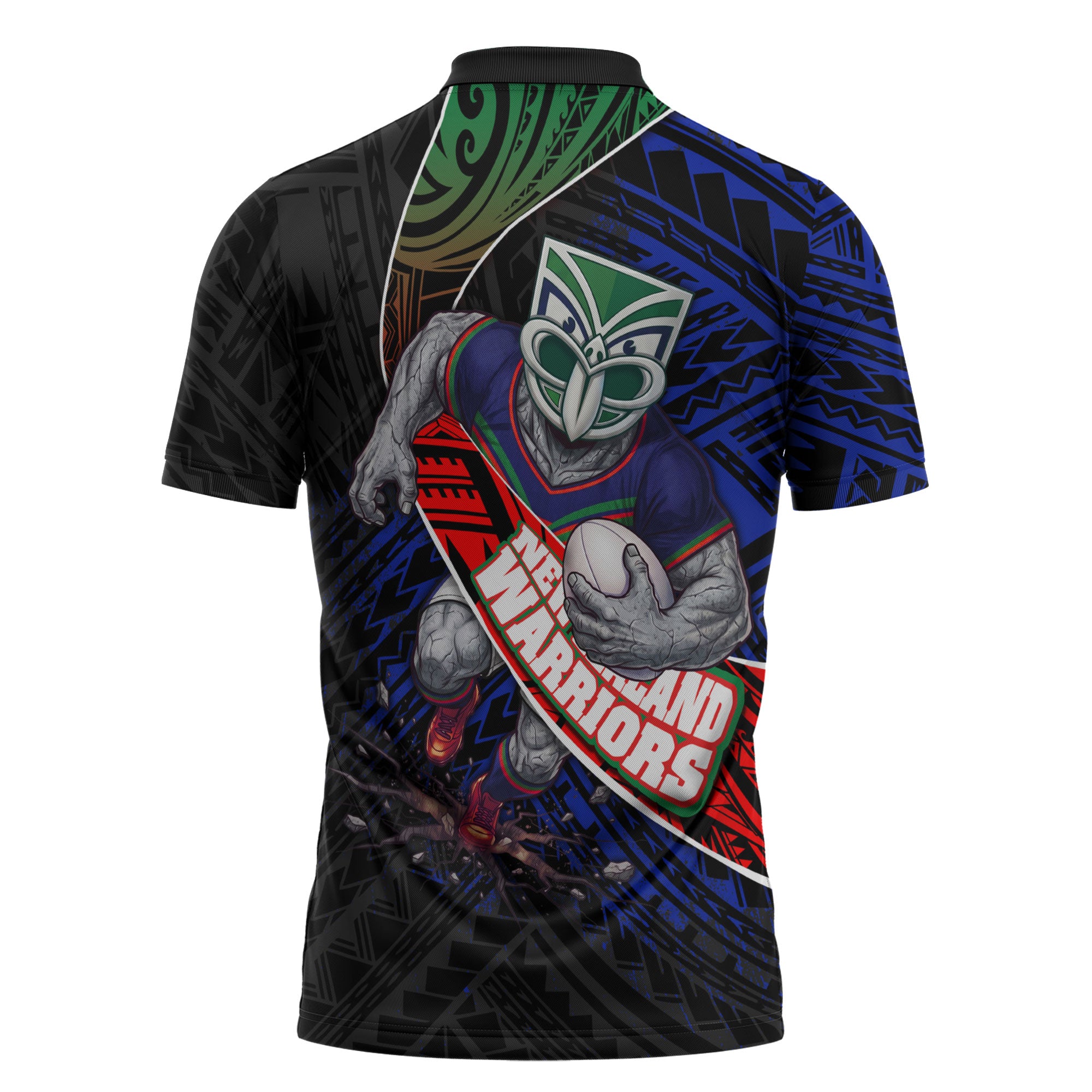New Zealand Warriors Rugby Zipper Polo Shirt Tribal Polynesian Power Art - Lightning Mascot