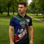 New Zealand Warriors Rugby Zipper Polo Shirt Tribal Polynesian Power Art - Lightning Mascot