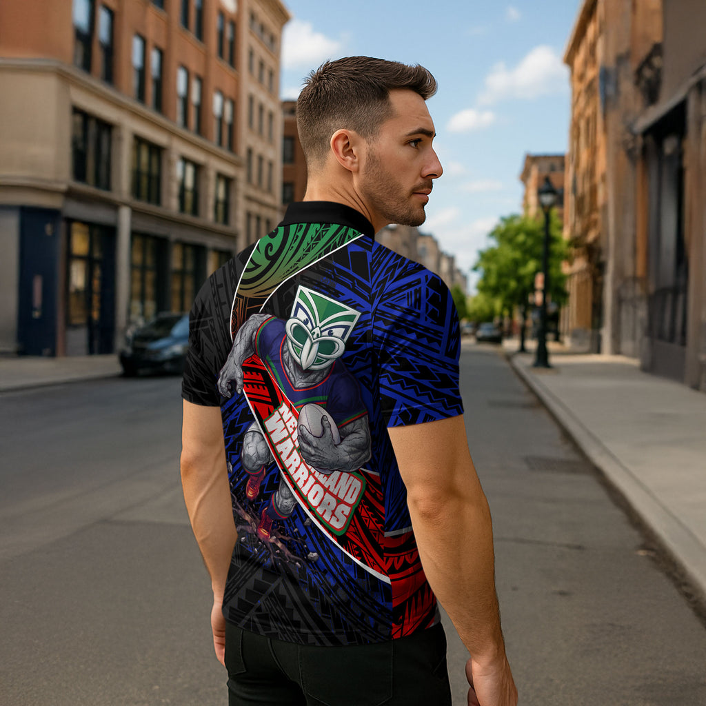 New Zealand Warriors Rugby Zipper Polo Shirt Tribal Polynesian Power Art - Lightning Mascot