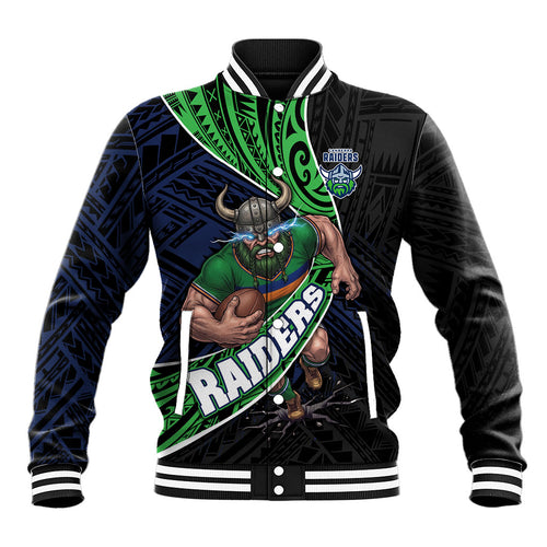 Canberra Raiders Rugby Baseball Jacket Tribal Polynesian Power Art - Lightning Mascot