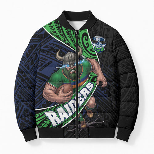 Canberra Raiders Rugby Bomber Puffer Jacket Tribal Polynesian Power Art - Lightning Mascot