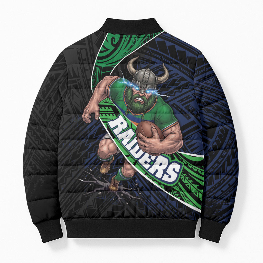 Canberra Raiders Rugby Bomber Puffer Jacket Tribal Polynesian Power Art - Lightning Mascot