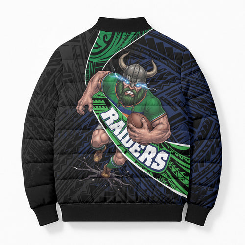 Canberra Raiders Rugby Bomber Puffer Jacket Tribal Polynesian Power Art - Lightning Mascot