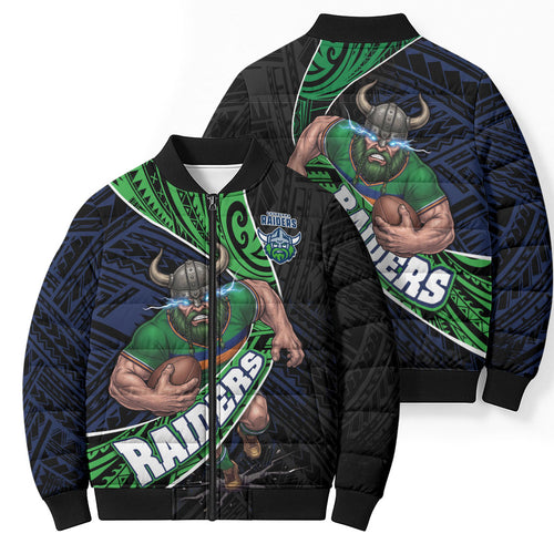 Canberra Raiders Rugby Bomber Puffer Jacket Tribal Polynesian Power Art - Lightning Mascot