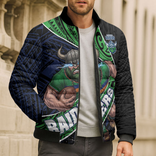 Canberra Raiders Rugby Bomber Puffer Jacket Tribal Polynesian Power Art - Lightning Mascot