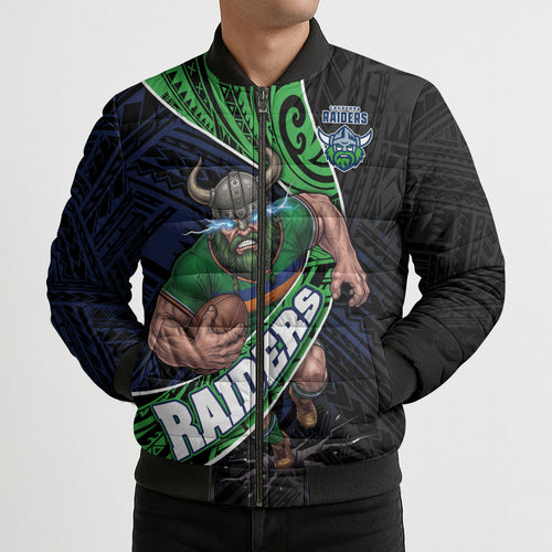 Canberra Raiders Rugby Bomber Puffer Jacket Tribal Polynesian Power Art - Lightning Mascot