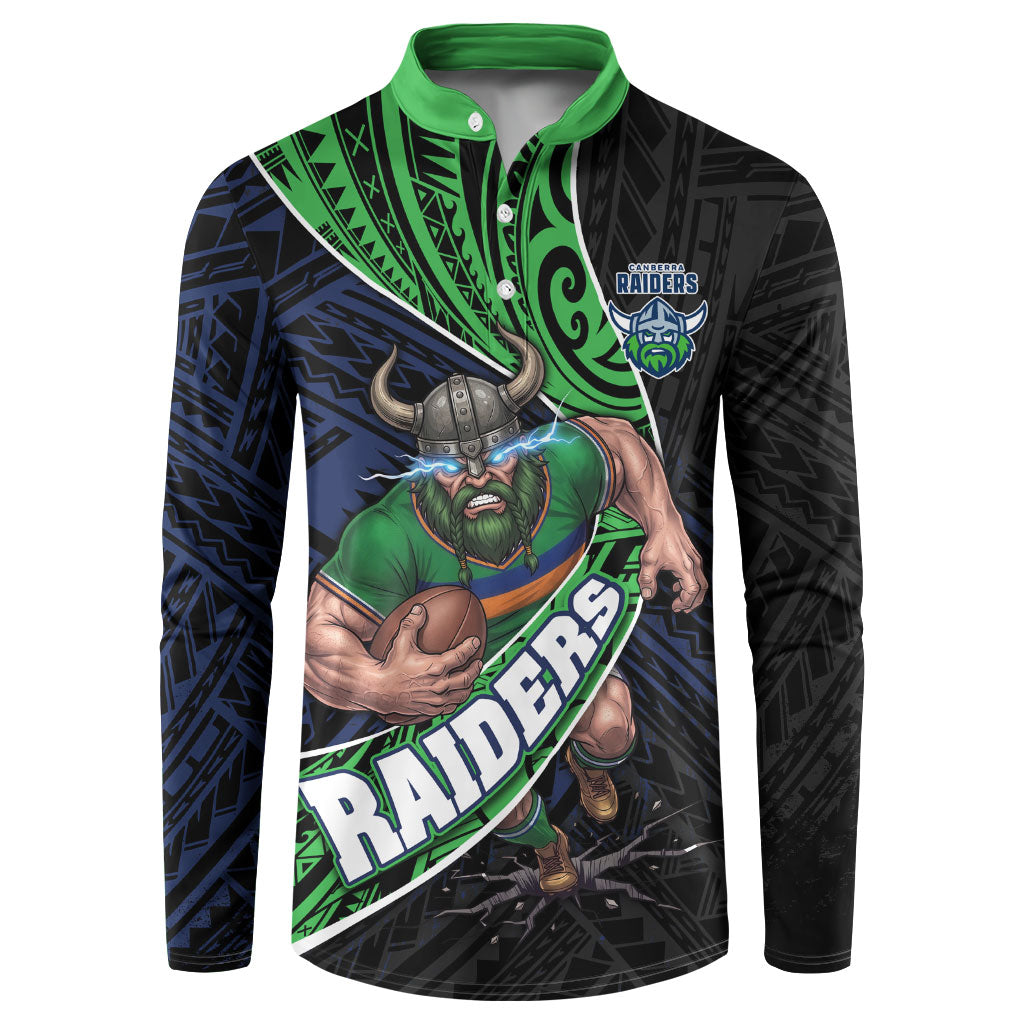 Canberra Raiders Rugby Button Sweatshirt Tribal Polynesian Power Art - Lightning Mascot