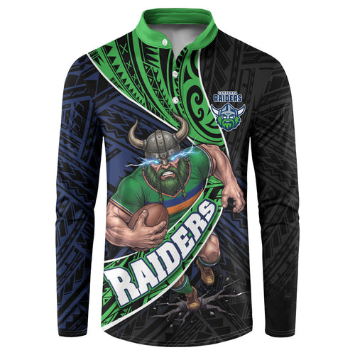 Canberra Raiders Rugby Button Sweatshirt Tribal Polynesian Power Art - Lightning Mascot