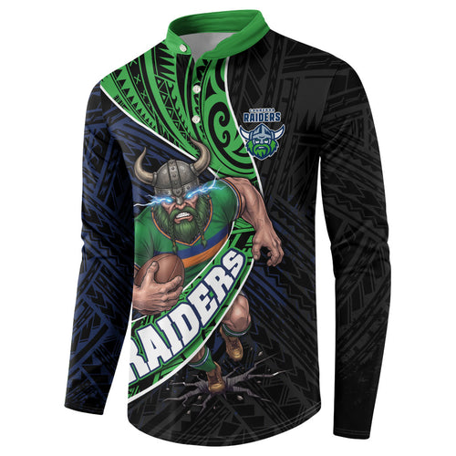 Canberra Raiders Rugby Button Sweatshirt Tribal Polynesian Power Art - Lightning Mascot