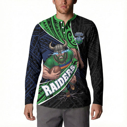 Canberra Raiders Rugby Button Sweatshirt Tribal Polynesian Power Art - Lightning Mascot