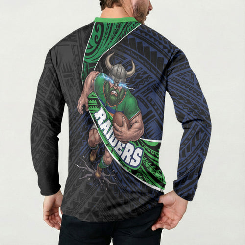 Canberra Raiders Rugby Button Sweatshirt Tribal Polynesian Power Art - Lightning Mascot