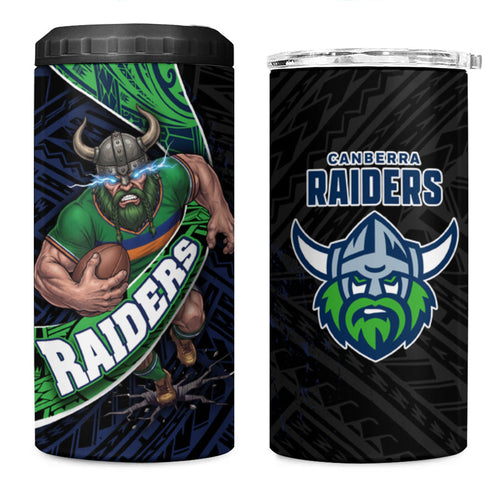 Canberra Raiders Rugby 4 in 1 Can Cooler Tumbler Tribal Polynesian Power Art - Lightning Mascot