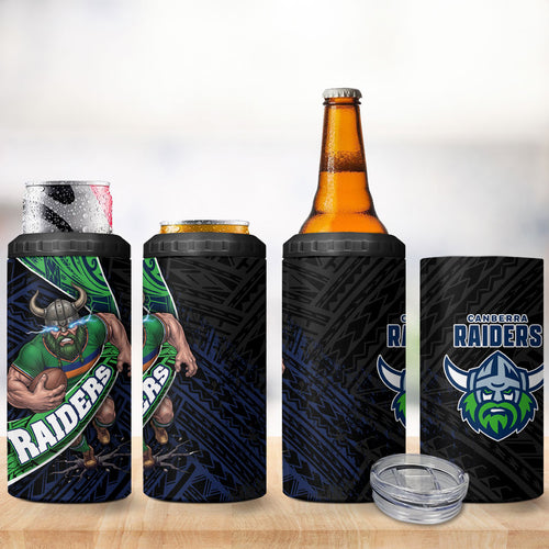 Canberra Raiders Rugby 4 in 1 Can Cooler Tumbler Tribal Polynesian Power Art - Lightning Mascot