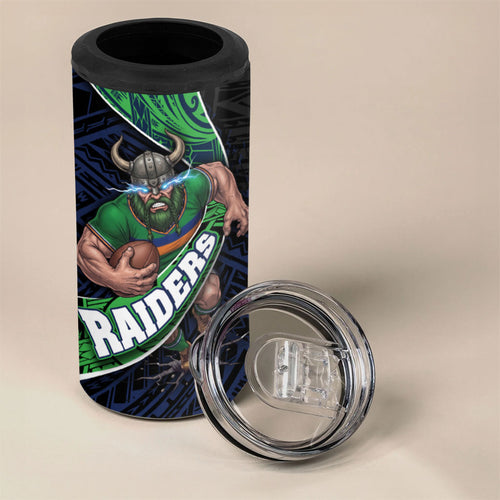 Canberra Raiders Rugby 4 in 1 Can Cooler Tumbler Tribal Polynesian Power Art - Lightning Mascot