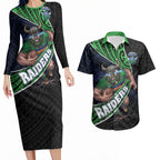Canberra Raiders Rugby Couples Matching Long Sleeve Bodycon Dress and Hawaiian Shirt Tribal Polynesian Power Art - Lightning Mascot