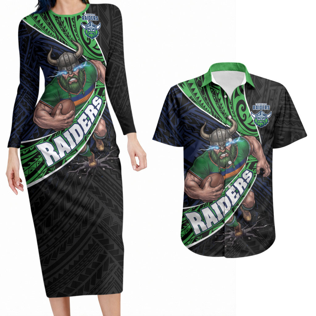 Canberra Raiders Rugby Couples Matching Long Sleeve Bodycon Dress and Hawaiian Shirt Tribal Polynesian Power Art - Lightning Mascot