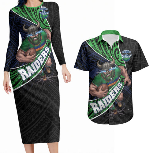 Canberra Raiders Rugby Couples Matching Long Sleeve Bodycon Dress and Hawaiian Shirt Tribal Polynesian Power Art - Lightning Mascot