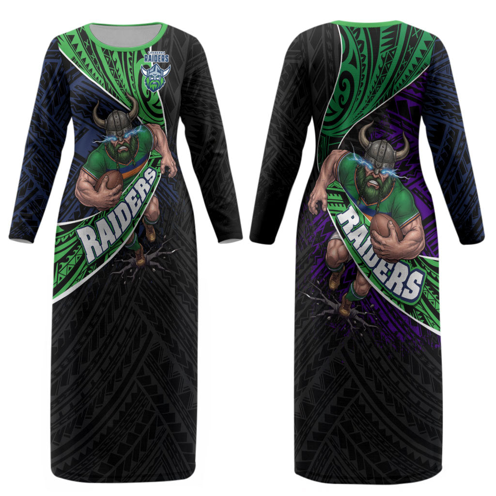 Canberra Raiders Rugby Couples Matching Long Sleeve Bodycon Dress and Hawaiian Shirt Tribal Polynesian Power Art - Lightning Mascot