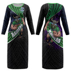 Canberra Raiders Rugby Couples Matching Long Sleeve Bodycon Dress and Hawaiian Shirt Tribal Polynesian Power Art - Lightning Mascot