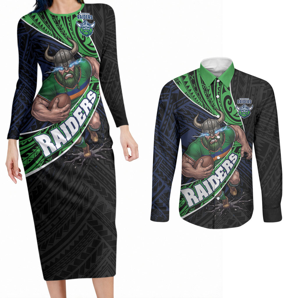 Canberra Raiders Rugby Couples Matching Long Sleeve Bodycon Dress and Long Sleeve Button Shirt Tribal Polynesian Power Art - Lightning Mascot